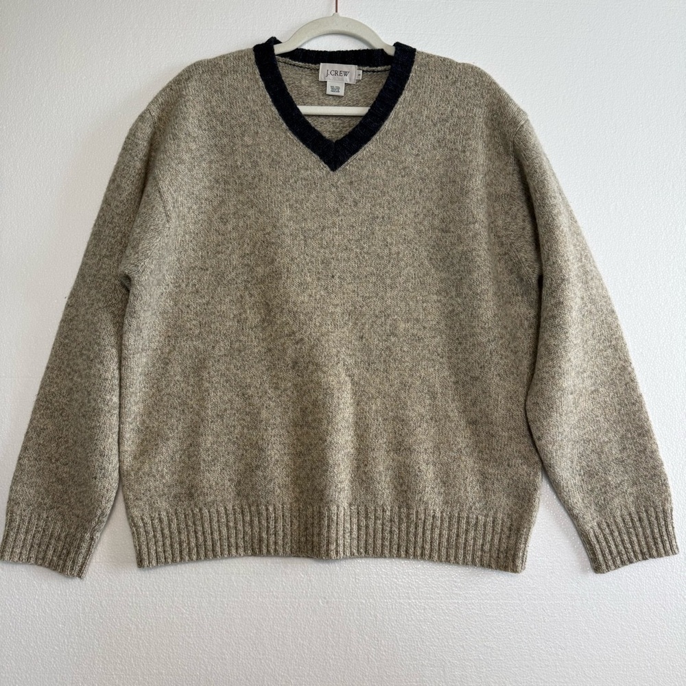 J. Crew V-Neck Sweater in Heather Taupe with Black Trim